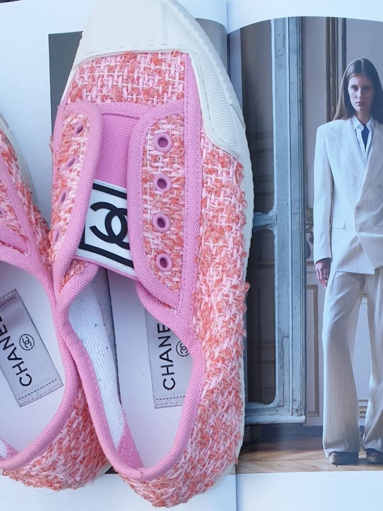 Chanel Tweed Pink Sneaker Fashion Women Girls Casual Everyday Shoes Size 6.5
